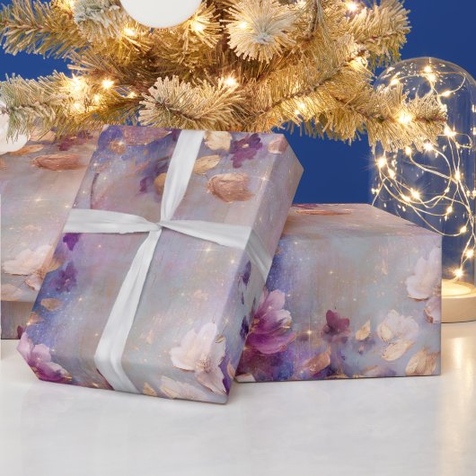 白フェミニン金ゴールド紫の花 ラッピングペーパー (クリスマス)