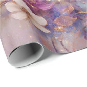 白フェミニン金ゴールド紫の花 ラッピングペーパー (ロールコーナー)