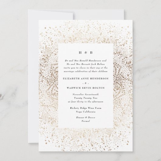 白フォーマルお洒落と金ゴールドの手で描結婚く 招待状 (正面)