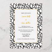 白フォーマルと黒の抽象芸術リーフパター結婚ン 箔招待状 (正面)