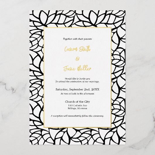白フォーマルと黒の抽象芸術リーフパター結婚ン 箔招待状 (正面)