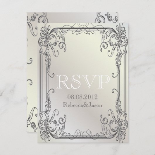 白フォーマルエレガントヴィンテージ結婚式RSVP インビテーションポストカード (正面/裏面)