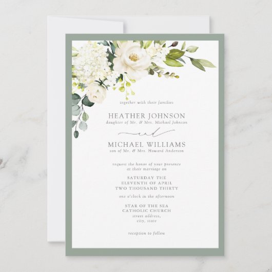 白フォーマル灰色グリーンフローラ水色結婚の 招待状 (正面)