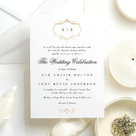 白フォーマル黒金ゴールドクレスト結婚モノグラム 招待状