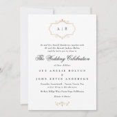 白フォーマル黒金ゴールドクレスト結婚モノグラム 招待状 (正面)