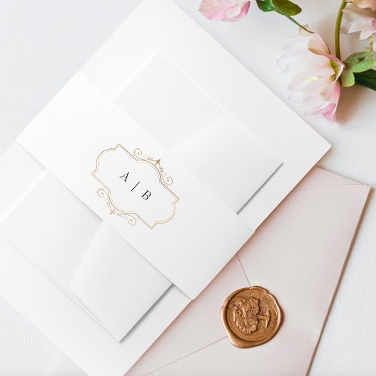 白フォーマル黒金ゴールド結婚クレスト 招待状ベリーバンド