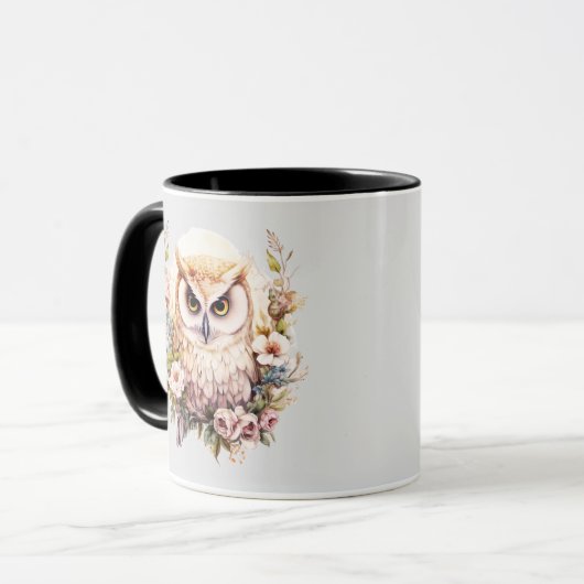 白フクロウかわいらしの花と葉グレイのハロウィン マグカップ (正面左)