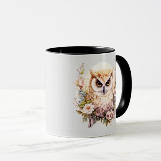 白フクロウかわいらしの花と葉グレイのハロウィン マグカップ (正面右)