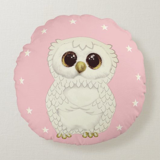白フクロウと星のライトピンク丸い枕 ラウンドクッション (正面)
