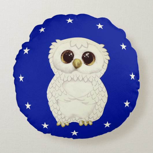 白フクロウと星を青に王室の付ける ラウンドクッション (正面)