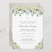白フローラと緑の写真のバプテスマ 招待状 (正面/裏面)