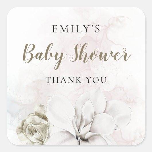 白フローラの女の子または男の子のシャワーありがとう スクエアシール (正面)