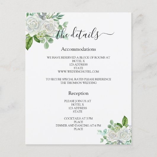 白フローラの緑の結婚式のプログラムの詳細 (正面)