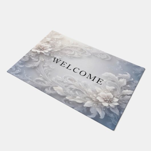 白フローラの花模様 ドアマット (アングル)