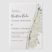 白フローラの葉ヌエストラスペインのボダ結婚ズ ベラム紙招待状 (正面)