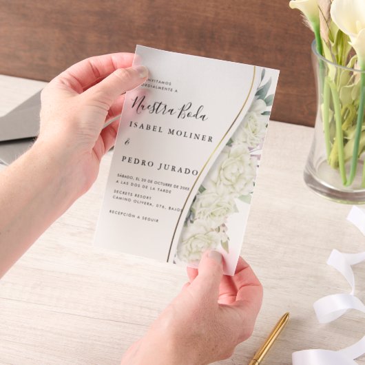 白フローラの葉ヌエストラスペインのボダ結婚ズ ベラム紙招待状 (ポータブル)