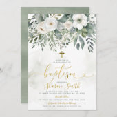 白フローラエレガントユーカリプタスバプテスマ金ゴールドクロス 招待状 (正面/裏面)