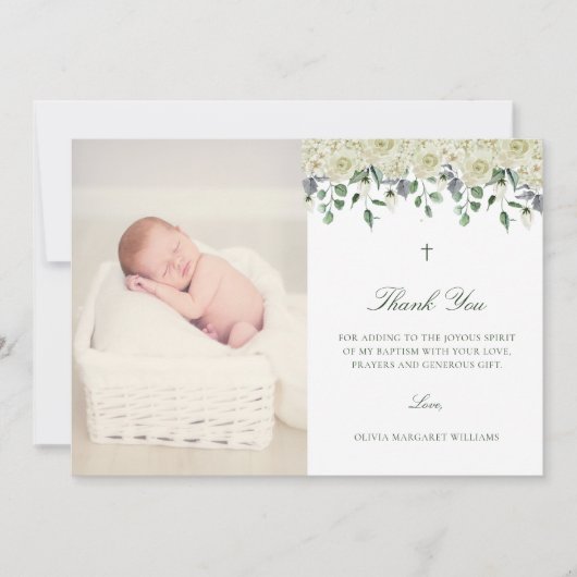 白フローラエレガント写真バプテスマ サンキューカード (正面)