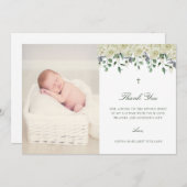 白フローラエレガント写真バプテスマ サンキューカード (正面/裏面)