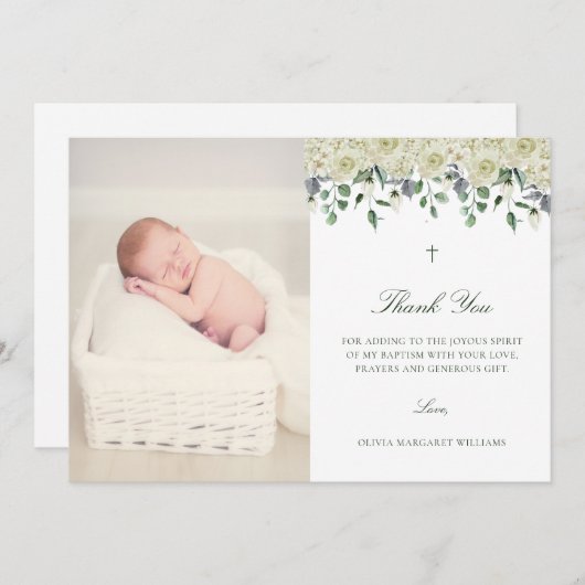 白フローラエレガント写真バプテスマ サンキューカード (正面/裏面)