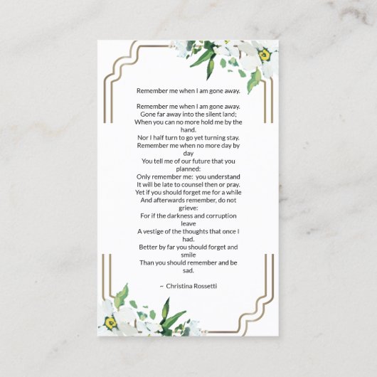 白フローラエレガント金ゴールドフレーム祈りの言葉カード 名刺 (裏面)