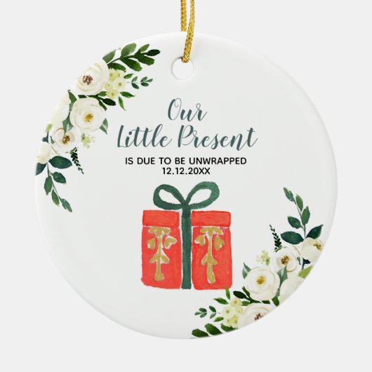 白フローラクリスマス妊娠発表 セラミックオーナメント (正面)