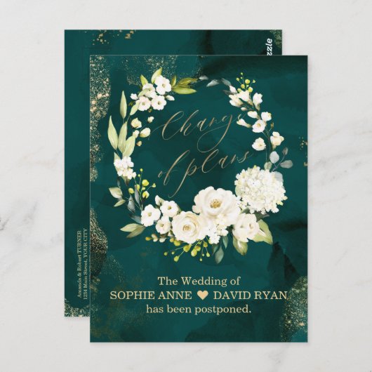 白フローラグリーン金ゴールド計画の結婚変更 ポストカード (正面/裏面)