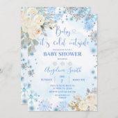 白フローラスノーフレーク寒い屋外ベビーシャワー 招待状 (正面/裏面)