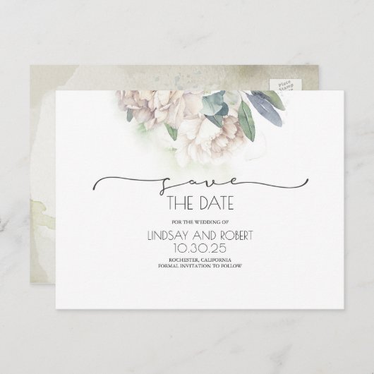 白フローラソフトヴィンテージ日付の保存 案内ポストカード (正面/裏面)