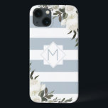 白フローラダスティブルーフレーンストライプのドモノグラム iPhone 13ケース<br><div class="desc">白フローラほこりっぽい青ストライプの枠モノグラムデザイン。トレンディースタイリッシュと、単にあなたのイニシャル手紙を追加パーソナライズされたする。彼女モダン、ママ、祖母、叔母、ガールフレンドなどのための上品な贈り物をする。このフェミニンと見た目はエレガントヴィンテージの白いバラと花と幾何学的な四角い枠とストライプ、ほこりっぽいブルーグレーと白い水平ののペア。電パーソナライズされたモノグラムの話ケース！～このデザインのコレクション全体を見に私の店をチェック！</div>