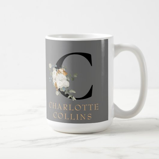 白フローラビクトリアン金ゴールドアクセントMonogram C コーヒーマグカップ (右)