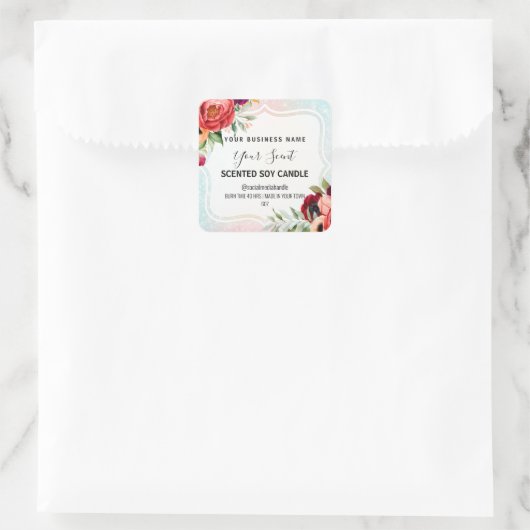 白フローラフレーム香り付きSoy Candleラベル スクエアシール (バッグ)