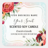 白フローラフレーム香り付きSoy Candleラベル スクエアシール (正面)