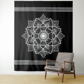 白フローラマンダラ黒背景 タペストリー (インサイチュ)