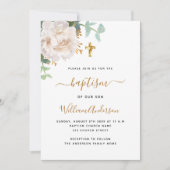 白フローラユーカリの緑の十字洗礼 招待状 (正面)