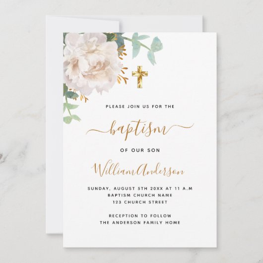 白フローラユーカリの緑の十字洗礼 招待状 (正面)