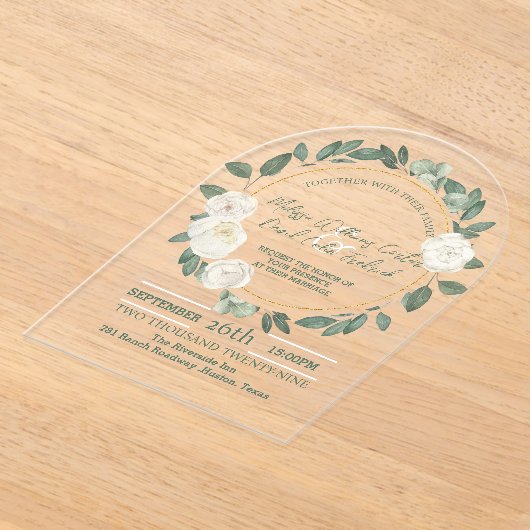 白フローラユーカリ植物緑結婚園 アクリル招待状 (レイダウン)