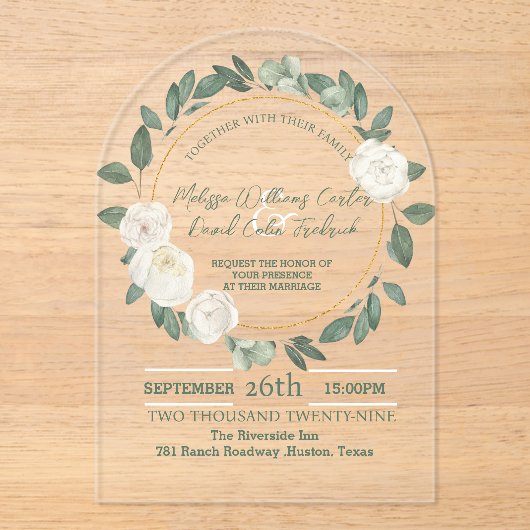 白フローラユーカリ植物緑結婚園 アクリル招待状 (正面)