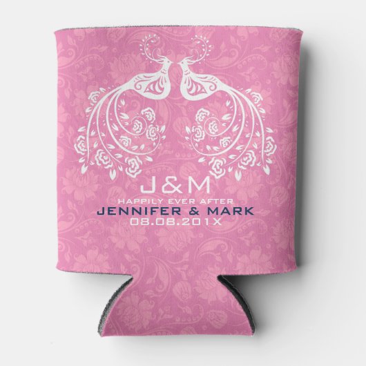 白フローララブバードピンクダマスクの背景 缶クーラー (正面)