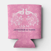 白フローララブバードピンクダマスクの背景 缶クーラー (裏面)