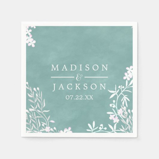 白フローラ任意の色の水の色結婚のモノグラム スタンダードカクテルナプキン (正面)