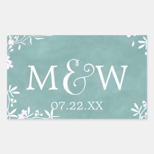白フローラ任意の色の水の色結婚のモノグラム 長方形シール (正面)