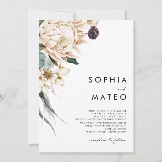 白フローラ伝統的フォト結婚式招待状 招待状 (正面)