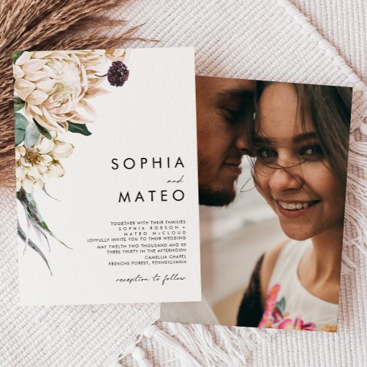 白フローラ伝統的フォト結婚式招待状 招待状