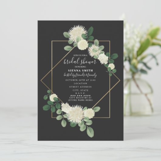 白フローラ幾何学的グレーブライダルシャワー 招待状 (スタンド正面)