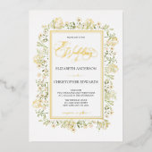 白フローラ植物野結婚花金ゴールド 箔招待状 (正面)