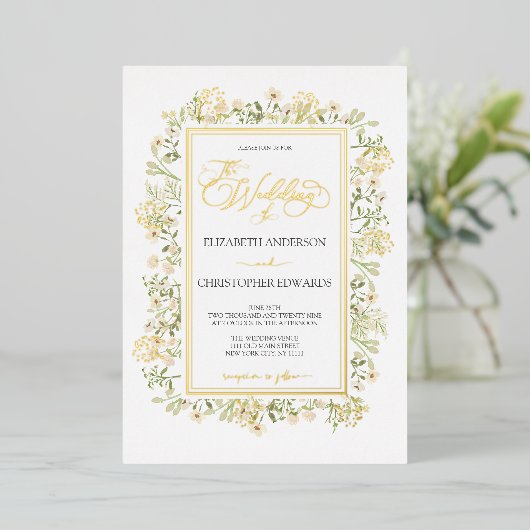 白フローラ植物野結婚花金ゴールド 箔招待状 (立ち正面)