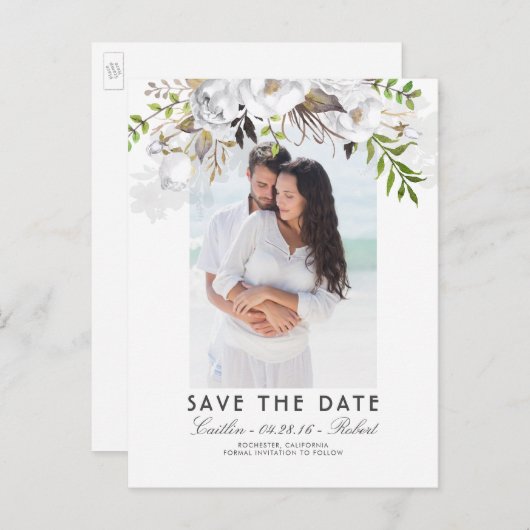 白フローラ水彩写真保存日 案内ポストカード (正面/裏面)