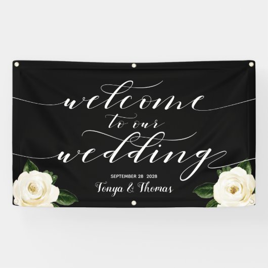 白フローラ牡丹の書道は私たちの結婚を歓迎 横断幕 (横)