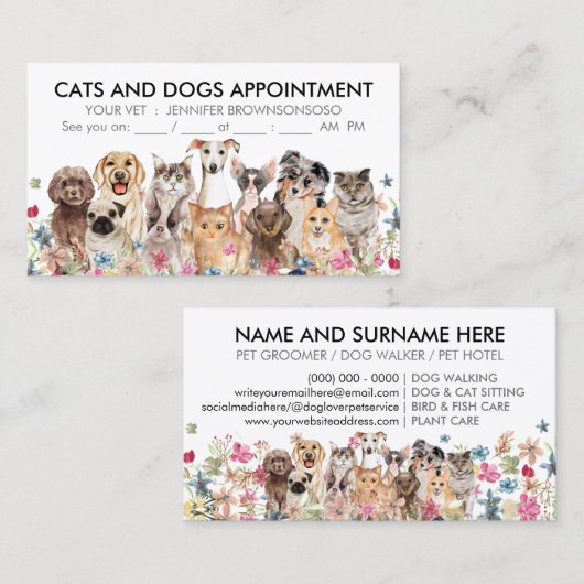 白フローラ猫と図解入りの、写真付きの犬 名刺 (正面/裏面)